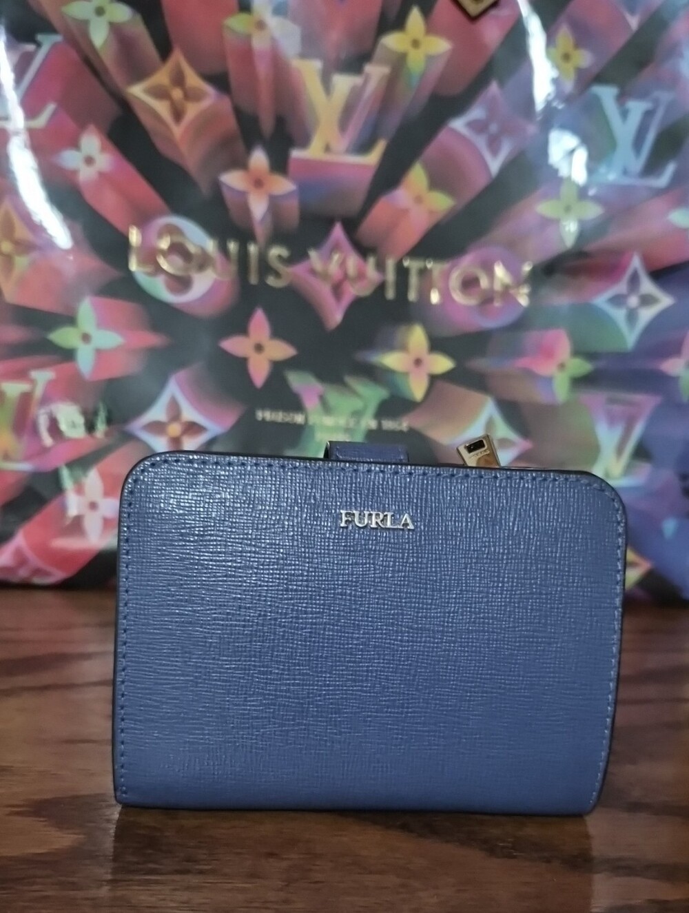 Furla Navy Saffiano Leather Compact Wallet with Gold Logo